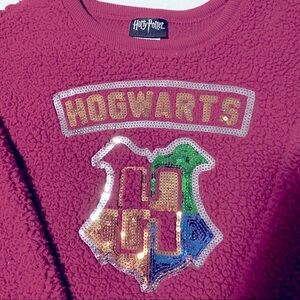 HARRY POTTER Hogwarts Pink Fuzzy Sherpa Sweatshirt Sweater Sequins S/M